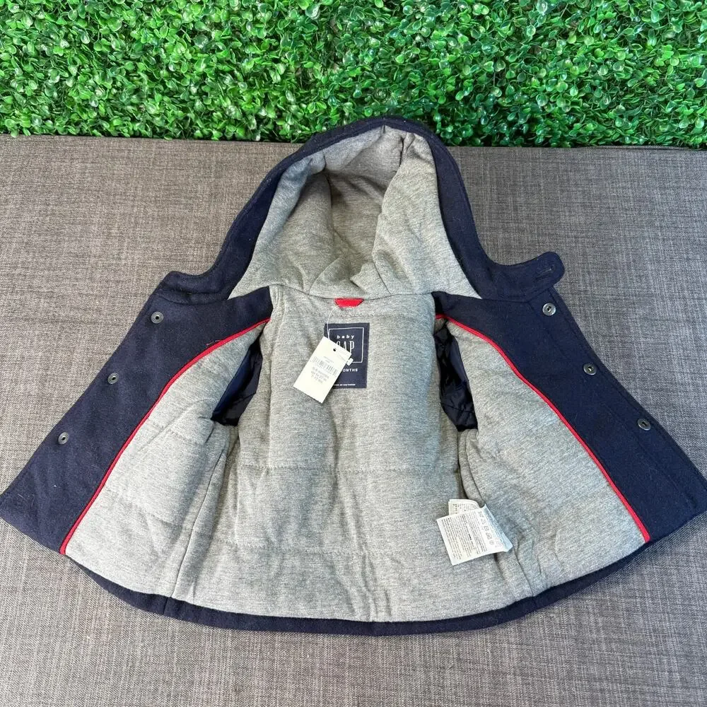 NWT Baby Gap Blue Wool Blend Hooded Toggle Peacoat Classic Jacket 0-6 months